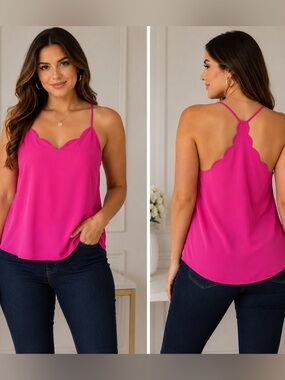 J.Crew Hot Pink Scalloped Cami Tank Top Sleeveless Blouse Career Office Layering